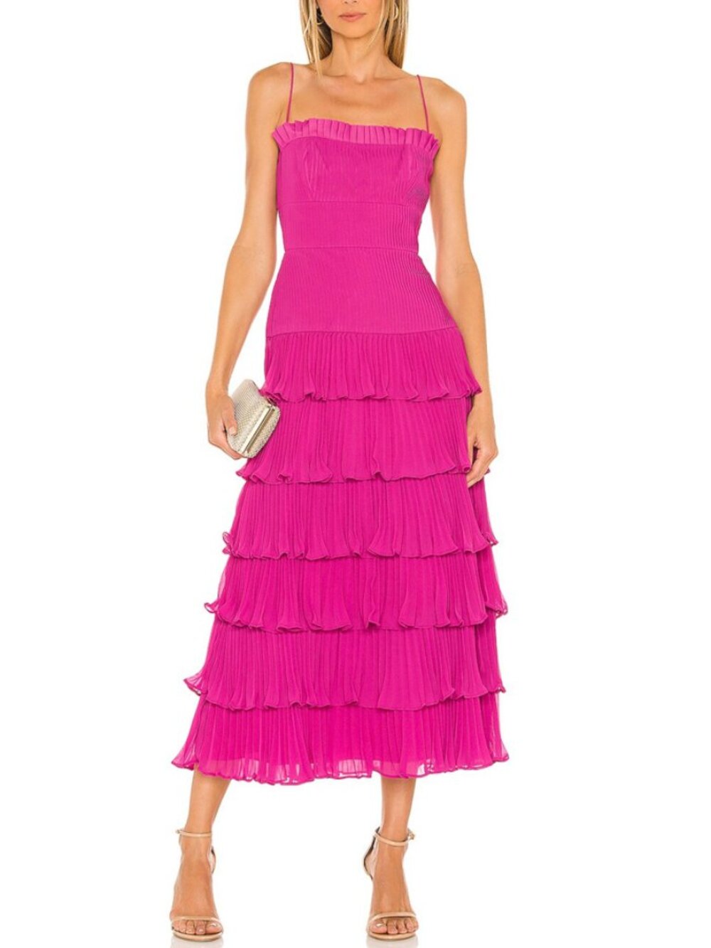 AMUR Viola Magenta Pink Pleated Tiered Midi Dress Size 2